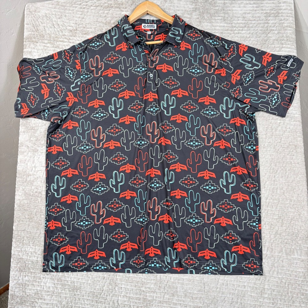 Raised by Coyotes Mens 3XL Polo Shirt Black Southwest Cactus Thunderbird Print